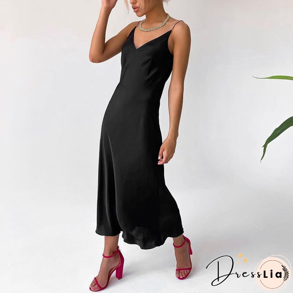 Unireal Summer Women Satin Slip Dress Spaghetti Strap Vintage Green Black Silk Sexy Long Party Dress