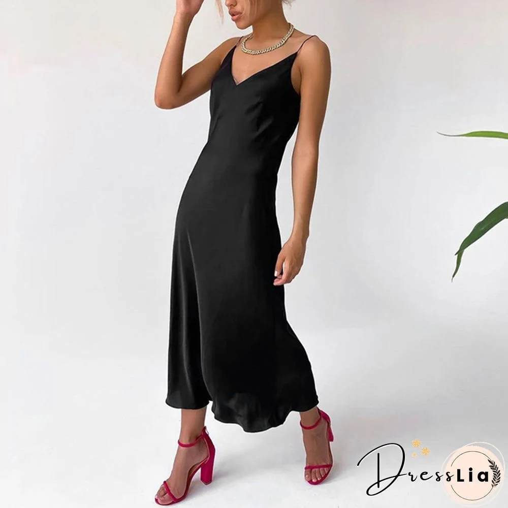 Unireal Summer Women Satin Slip Dress Spaghetti Strap Vintage Green Black Silk Sexy Long Party Dress