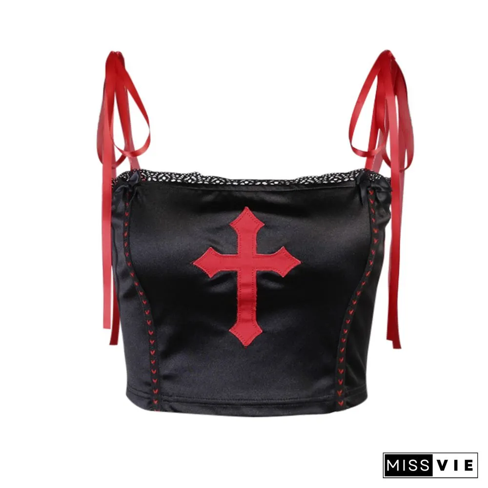 Goth Cross Print Lace Bodycon Crop Tops Camis Sexy Y2K Aesthetic Black Red Basic Corset Tank Top Summer Clothes For Women Girls