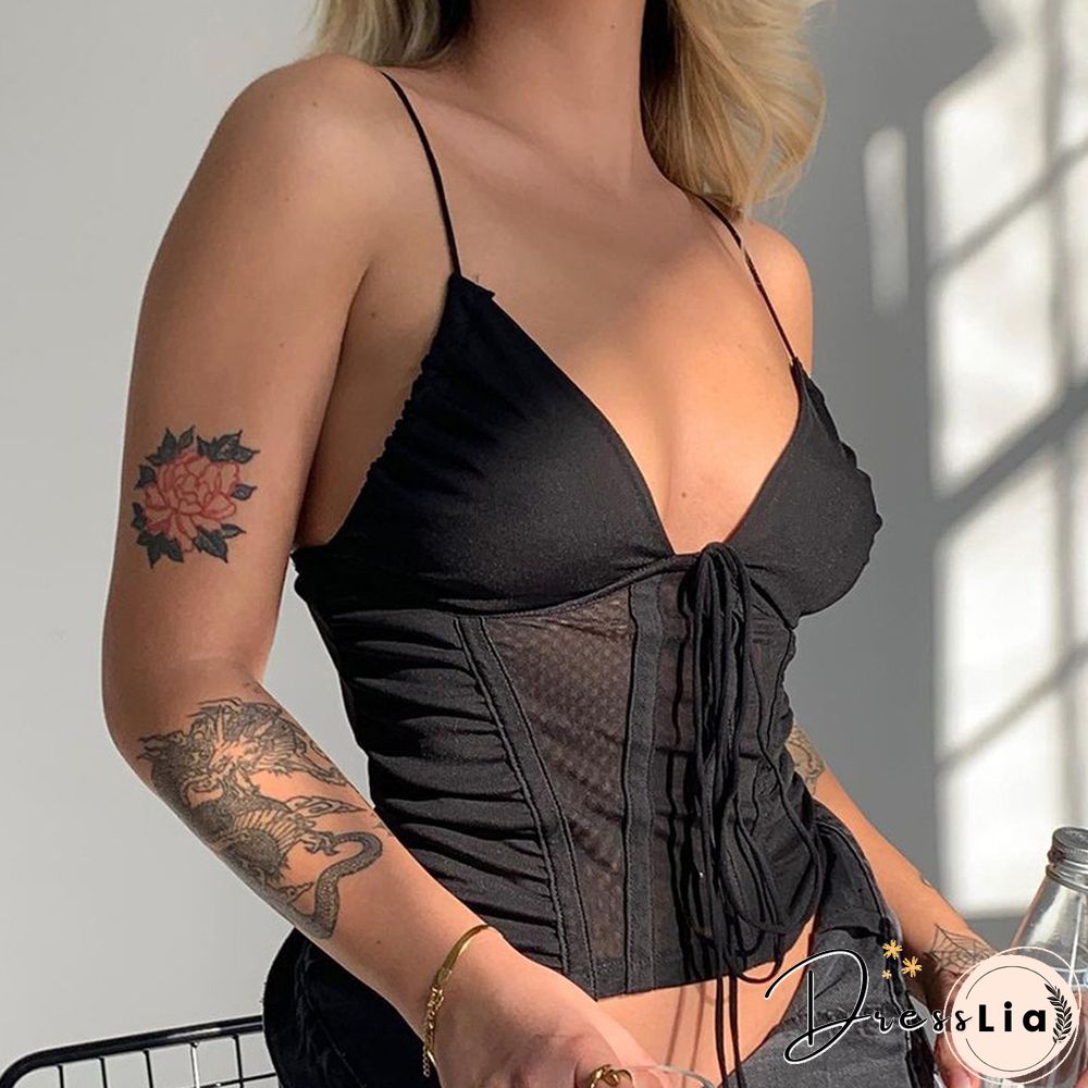 Sexy V-Neck Stitching See-Through Backless Strap Tube Top European And American Women's Clothing New Spring And Summer Fashion