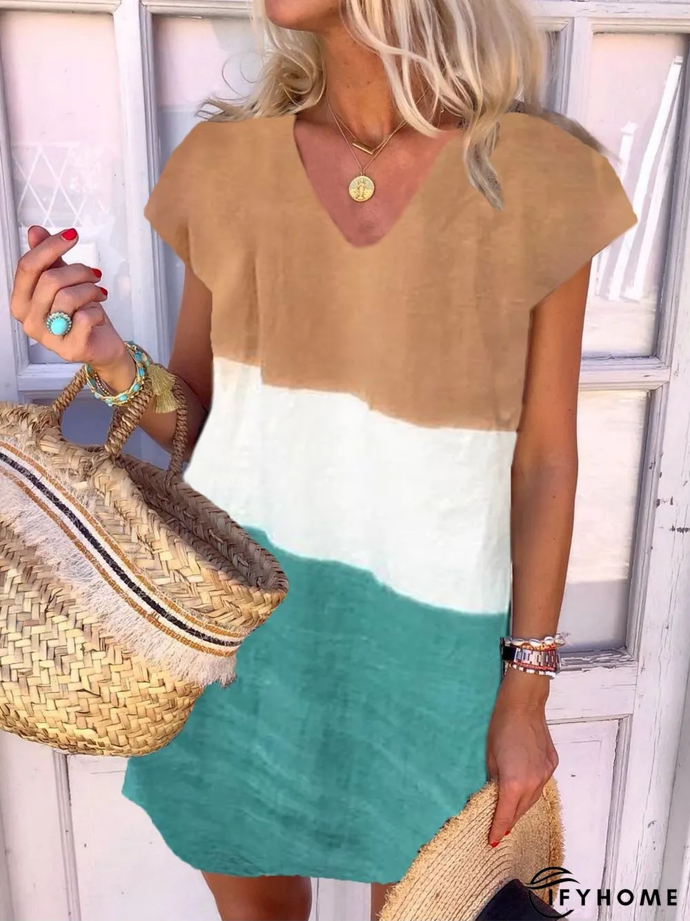 New Women Plus Size Holiday Boho Vintage Neck Short Sleeve Casual Shift Knitting Dress | IFYHOME