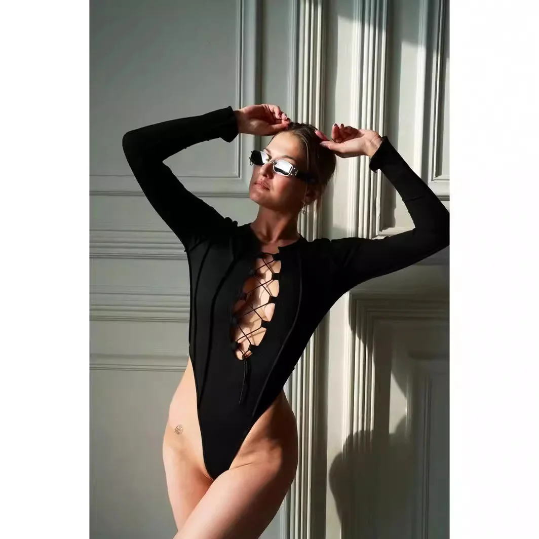 Uveng Uveng Ebay Sexy Pure Desire Wind Hollow Out Belt Anti Car Splicing Long Sleeve Slim Onesie Women's Dress