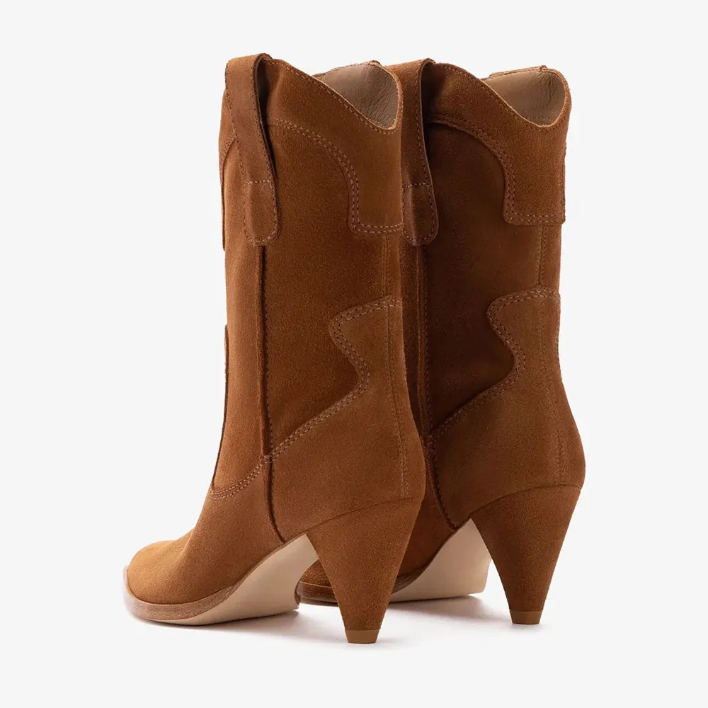 Pointed Toe Cone Heel Pull On Brown Western Boots for Women