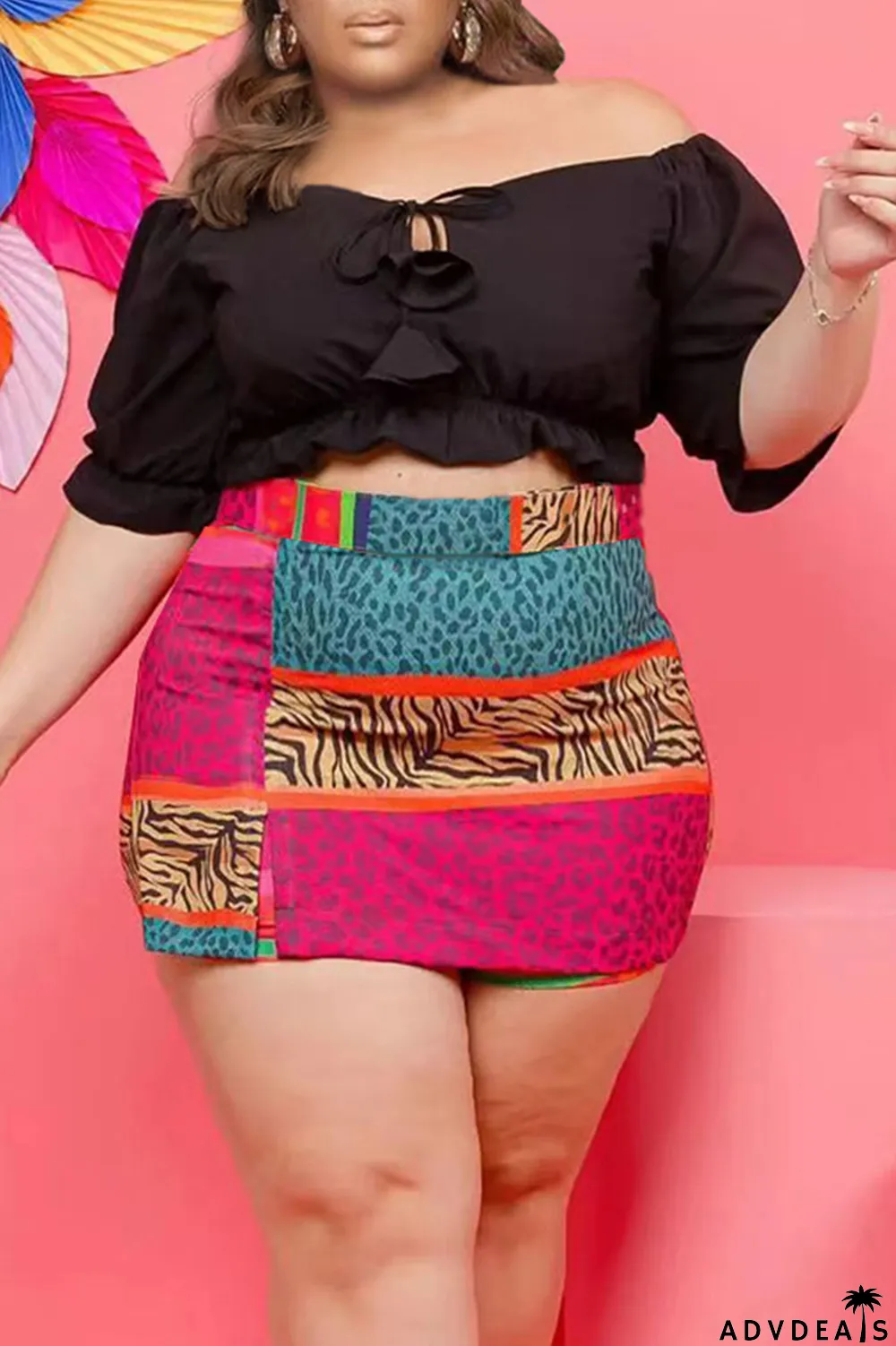 Orange Sexy Print Patchwork Off the Shoulder Plus Size Two Pieces