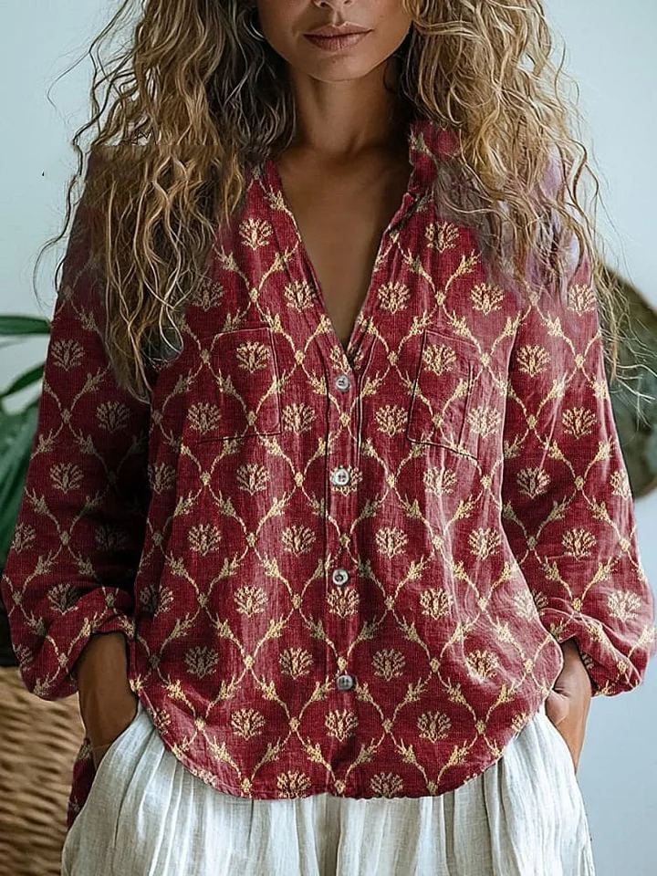 Retro Style Geometric Pattern Printed Women's Casual Long Sleeve Comfortable Cotton Shirt