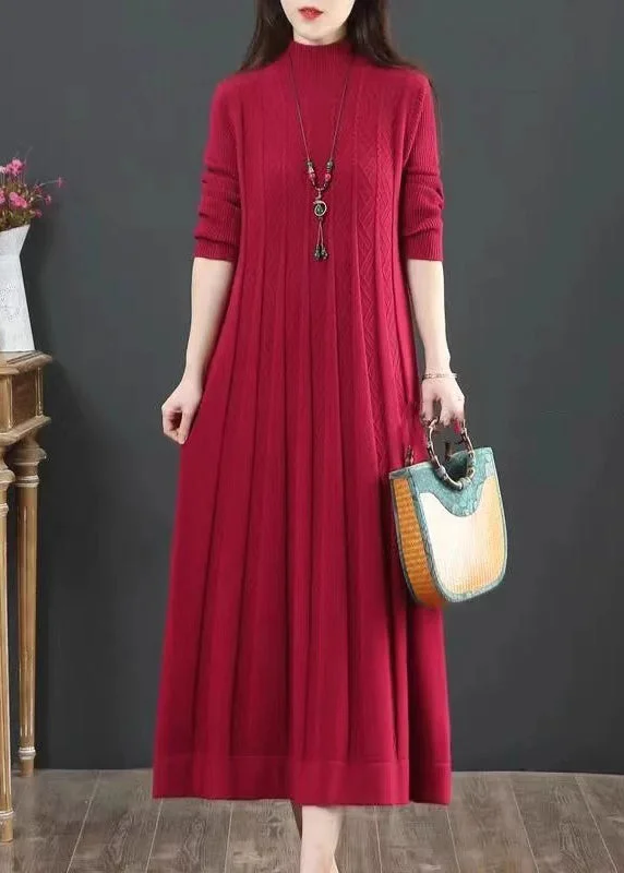 Classy Red Hign Neck Wrinkled Patchwork Knit Long Dress Winter