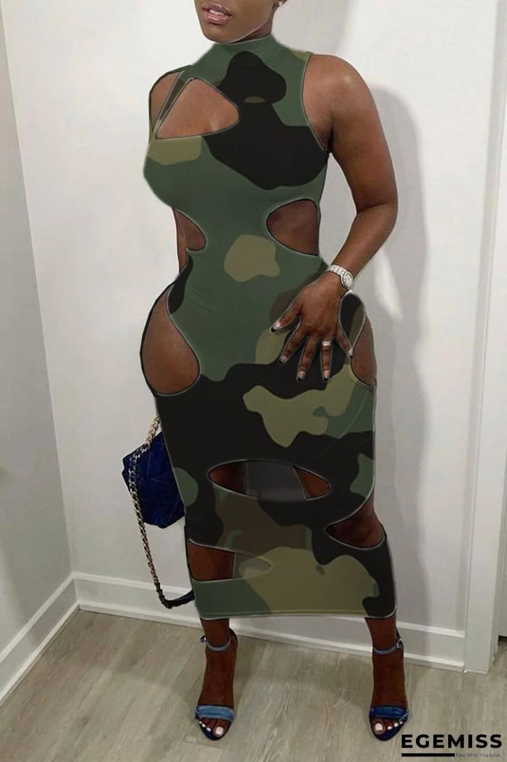 Camouflage Fashion Sexy Camouflage Print Hollowed Out Half A Turtleneck Sleeveless Dress | EGEMISS