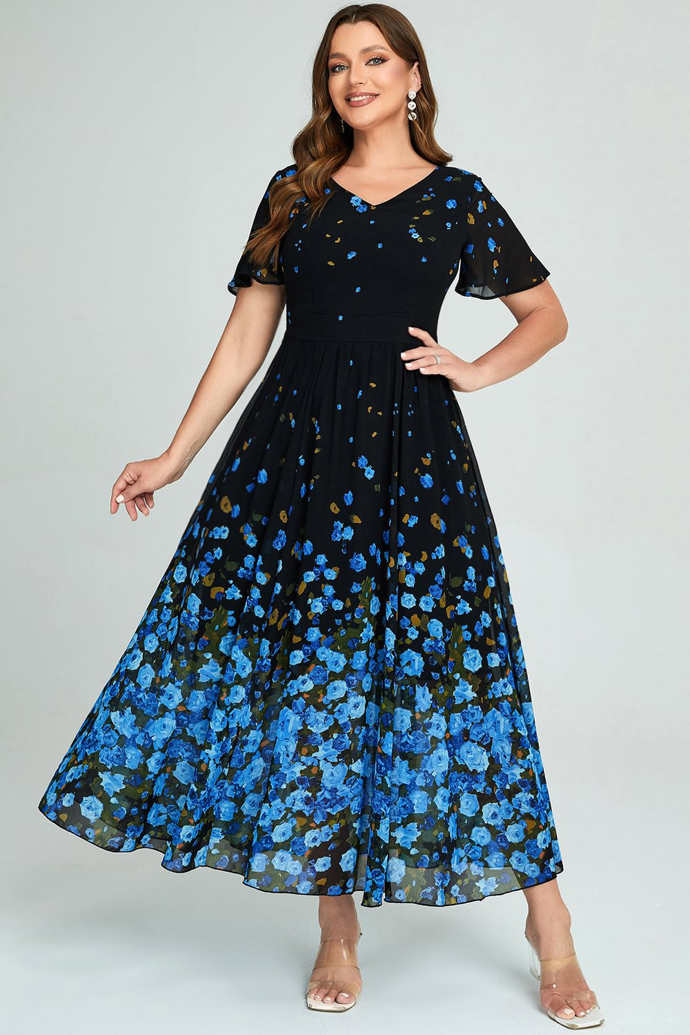 Flycurvy Plus Size Casual Black Chiffon Floral Print Ruffle Sleeve V Neck Maxi Dress 2024 - Flycurvy 