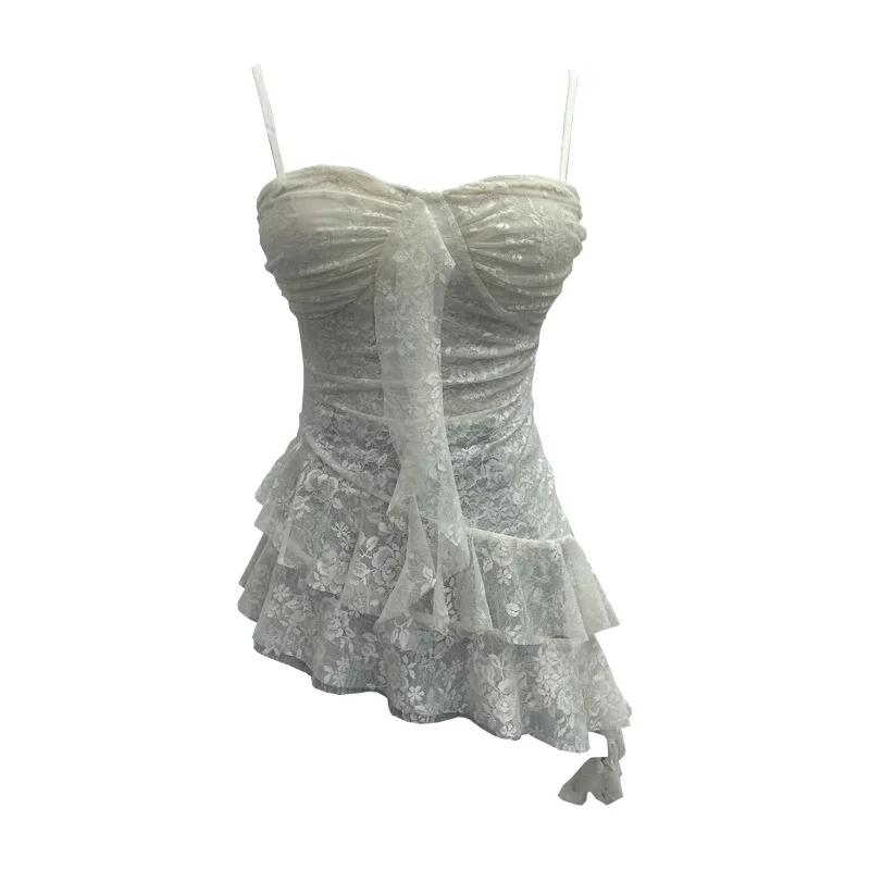 Uveng Real Shoot Sweet Spice Girls Irregular Lotus Side With Chest Pad Sling Vest Sexy Lace Sleeveless Top 1139