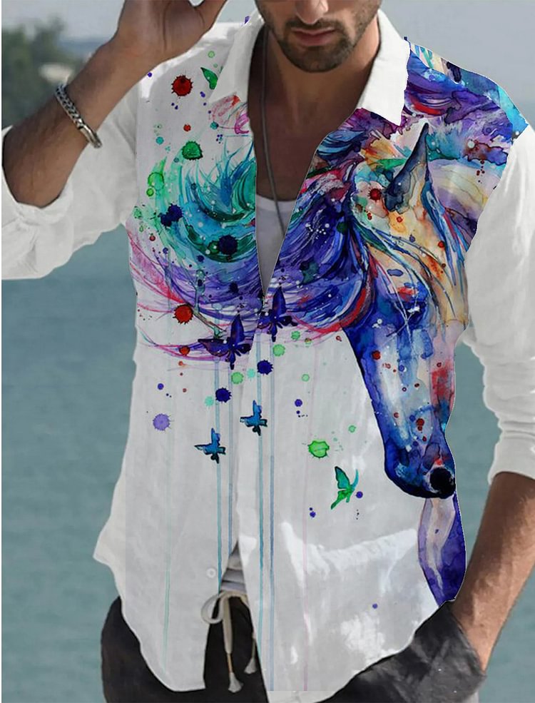 Men's cotton and linen butterfly and horse print shirt