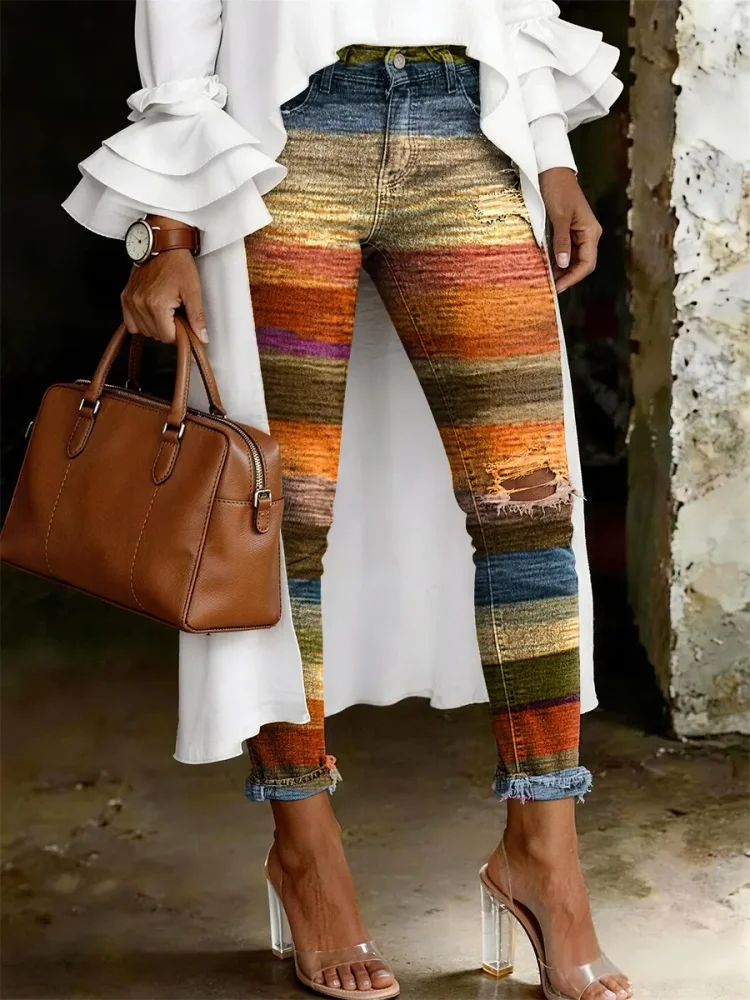 Women's Fashion Casual Multicolor Art Print Ripped Skinny Jeans