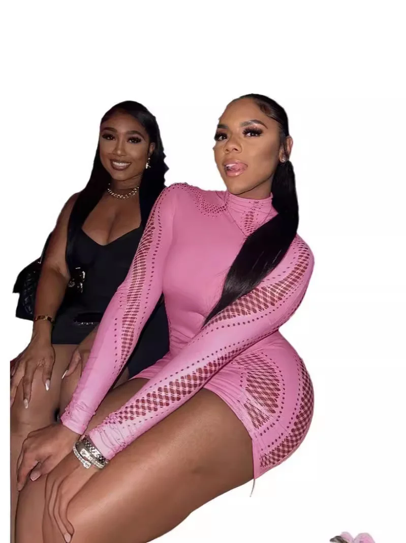 Uveng Uveng Winter Solid Half-High Collar Long Sleeves Solid Body Sex Hollow And Over-Short Dress