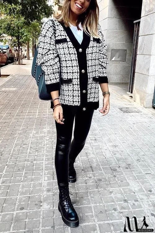 MidiSono - Pockets Button Plaid Cardigan