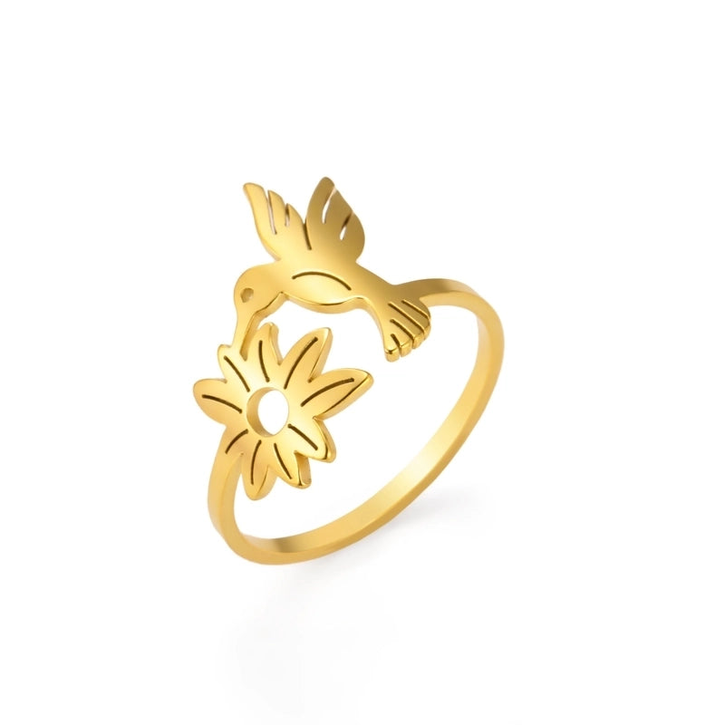 Cute Flower Bird 304 Stainless Steel 18K Gold Plated Hollow Out Rings