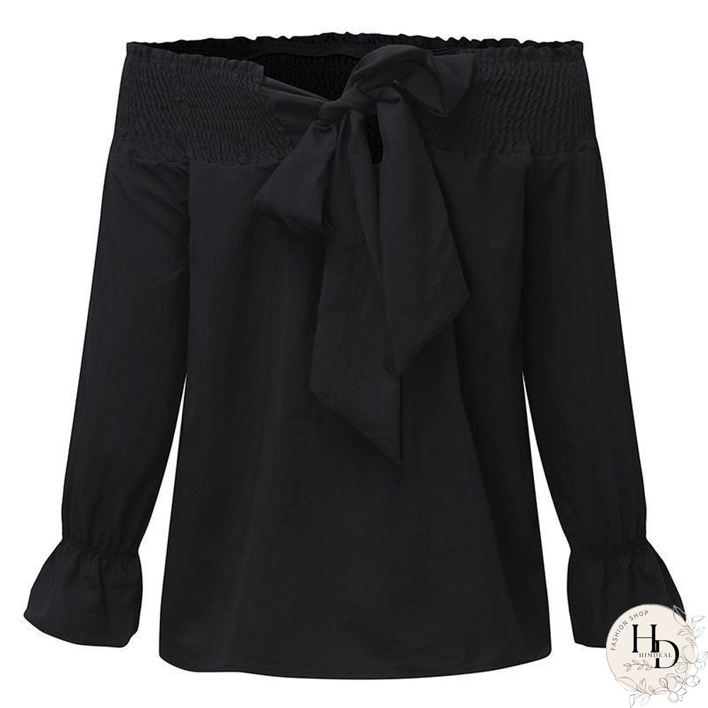 Women Sexy Off Shoulder Strapless Bowknot Slash Neck Shirts Casual Loose Plus Size Blouse Tops