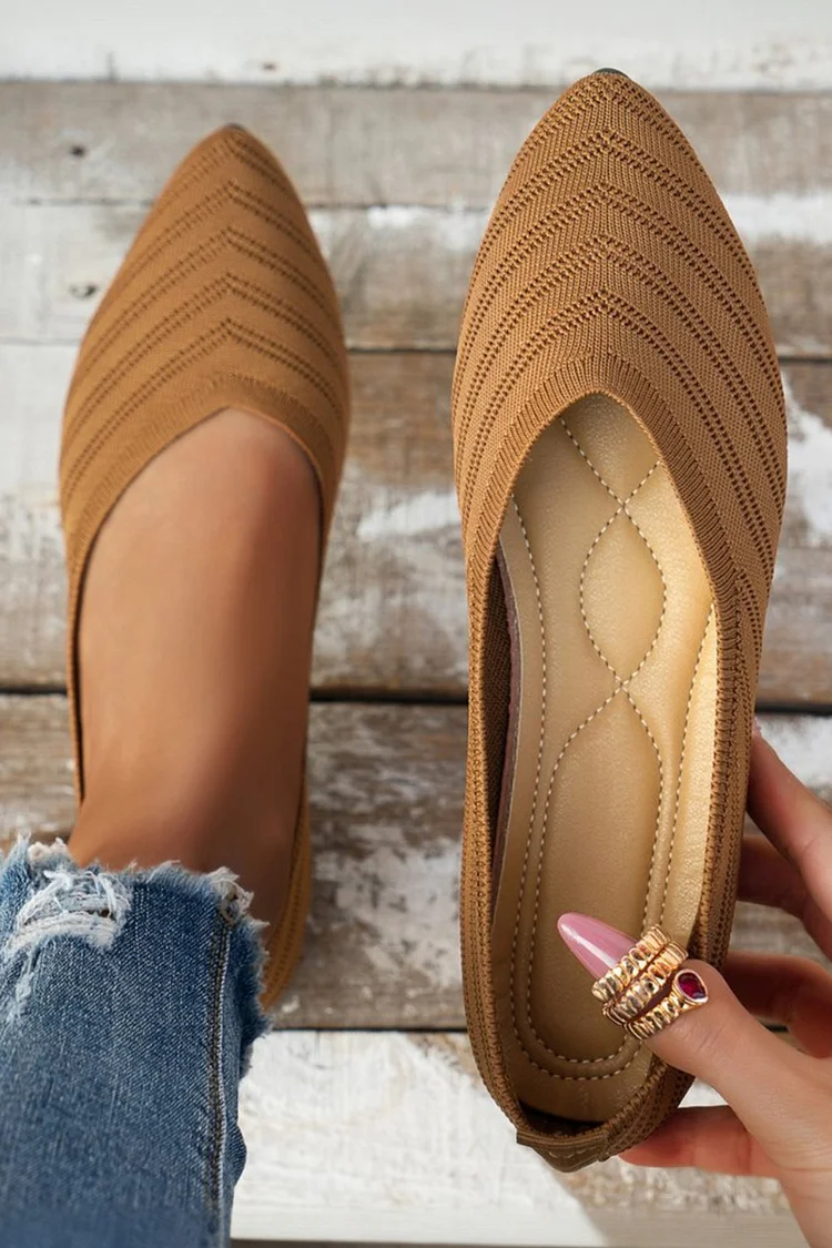 Solid Color Knitted Breathable Pointed Toe Slip On Flats