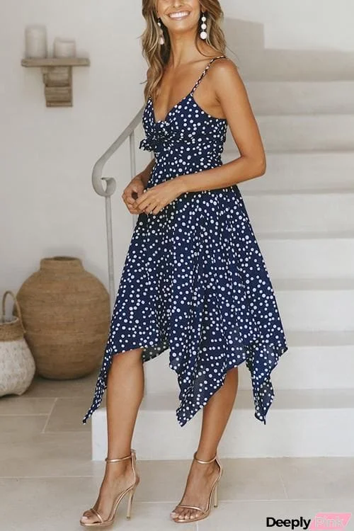 Dot Print Knot Spaghetti Strap Dress