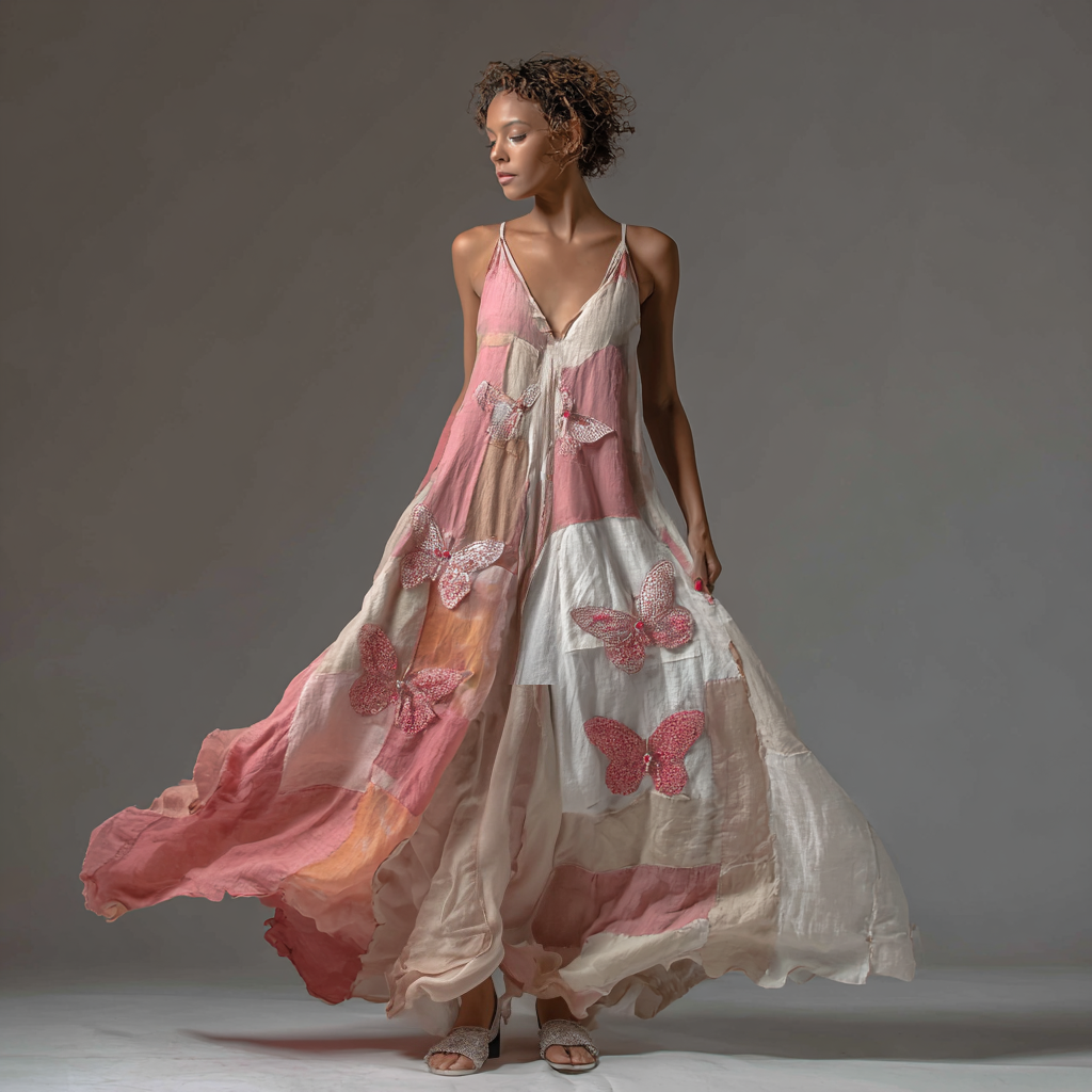 Women's Vintage Breast Cancer Awareness Butterfly Patchwork Sleeveless Dress