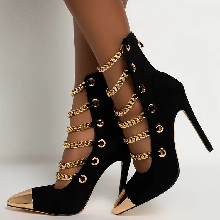 Pointed Metal Toe Pumps Zipper Stiletto Heels Metallic Chains Shoes |FSJ Shoes