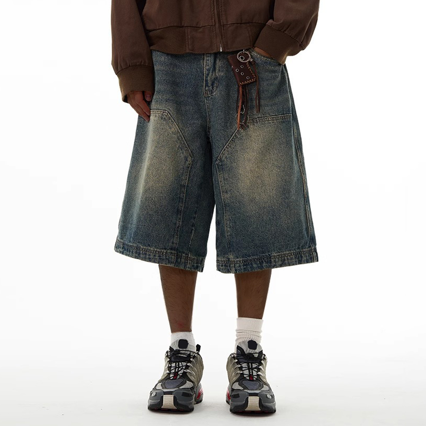 Sopula Men's Hiphop Vintage Wide Leg Six Point Denim Shorts