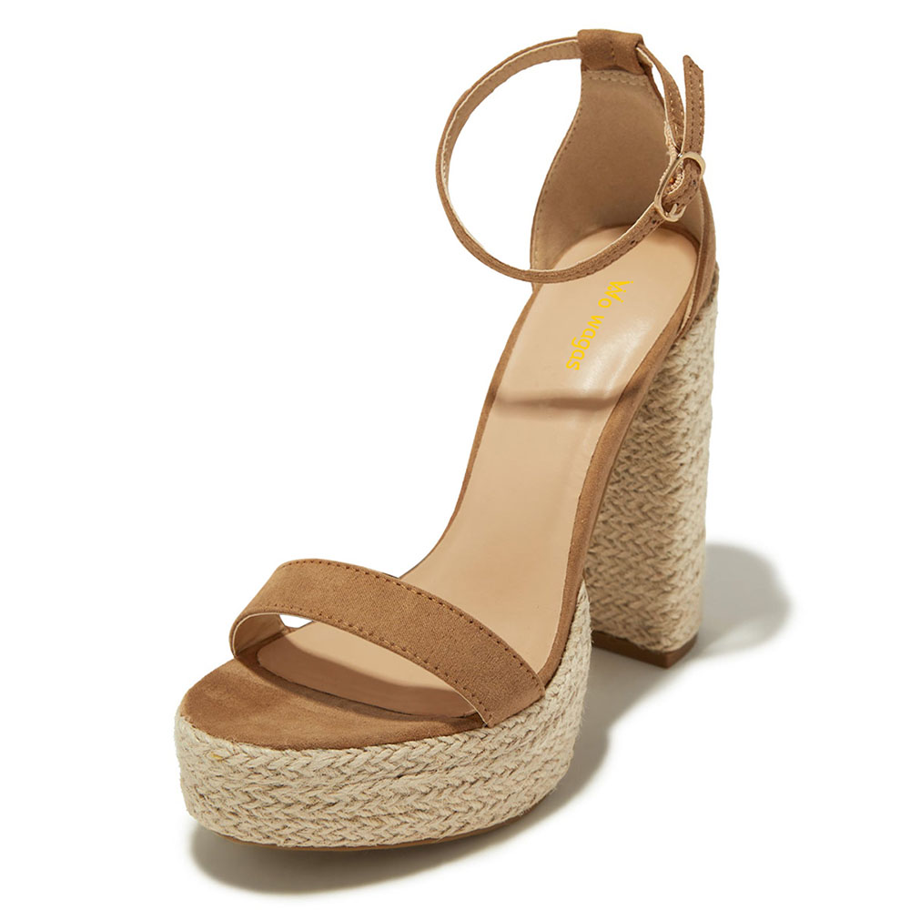 Brown Round Toe Ankle Strap Chunky Heel Platform Espadrille Sandals Nicepairs