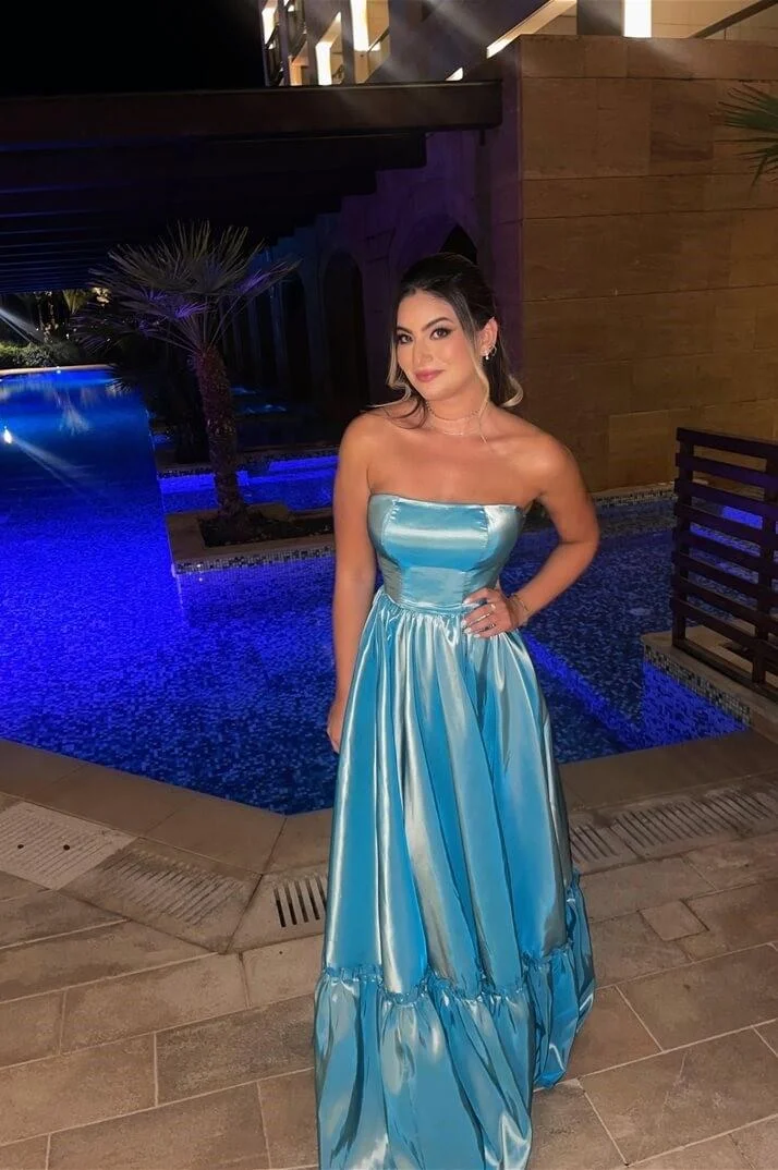 Miabel Stunning Bright Blue Satin Strapless Sleeveless A Line Prom Dress with Pleated
