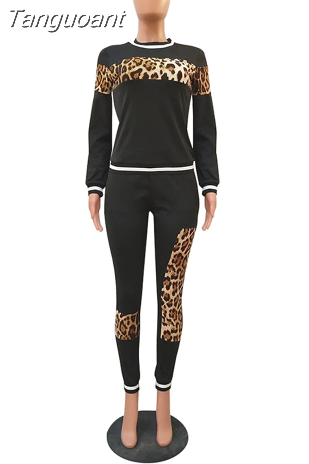 Tanguoant Leopard Camouflage Two Pieces Set Women's Sports Suit Long Sleeve Sweatshirt and Sweatpants Casual Tracksuit Jogging Femme