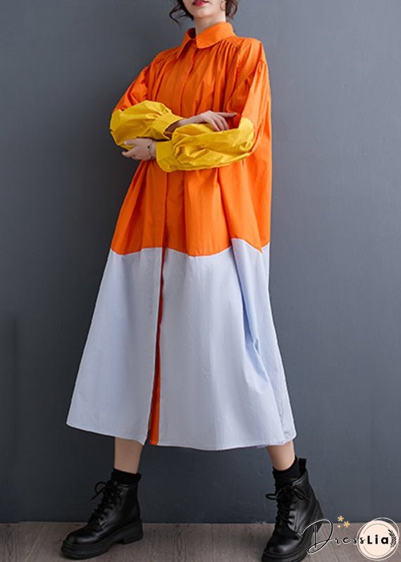 French Orange Peter Pan Collar Patchwork Wrinkled Maxi Shirts Dresses Spring