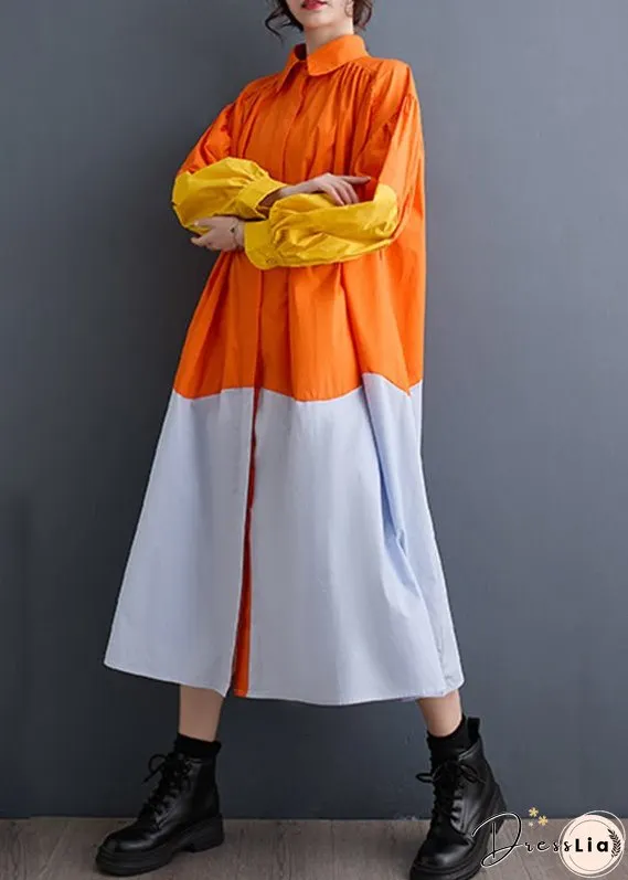 French Orange Peter Pan Collar Patchwork Wrinkled Maxi Shirts Dresses Spring