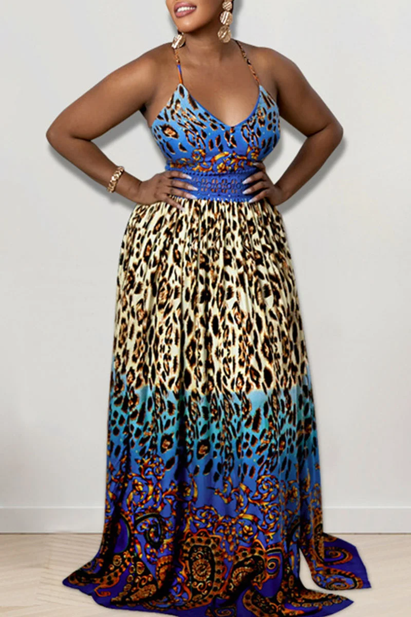 Blue Sexy Print Patchwork Slit Fold Spaghetti Strap Straight Dresses