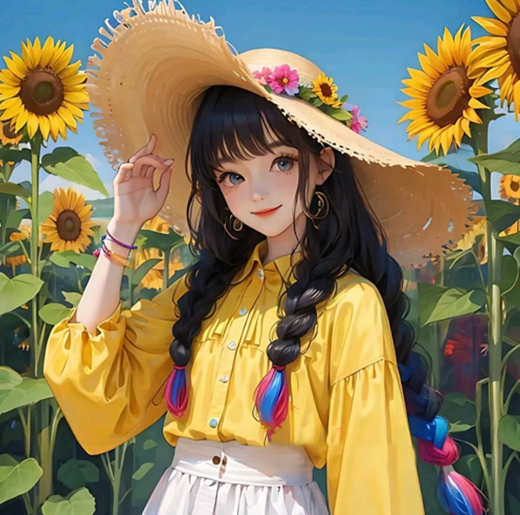 Anime girl with a straw hat in a sunflower field Tote Bag for