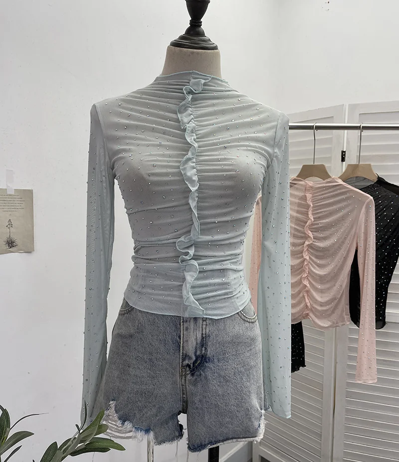 Uveng Real Shooting 2024 New Hot Diamond Half-High Collar Perspective Thin-Bottomed Shirt Mesh Top Beautiful Chic Shirt 2635