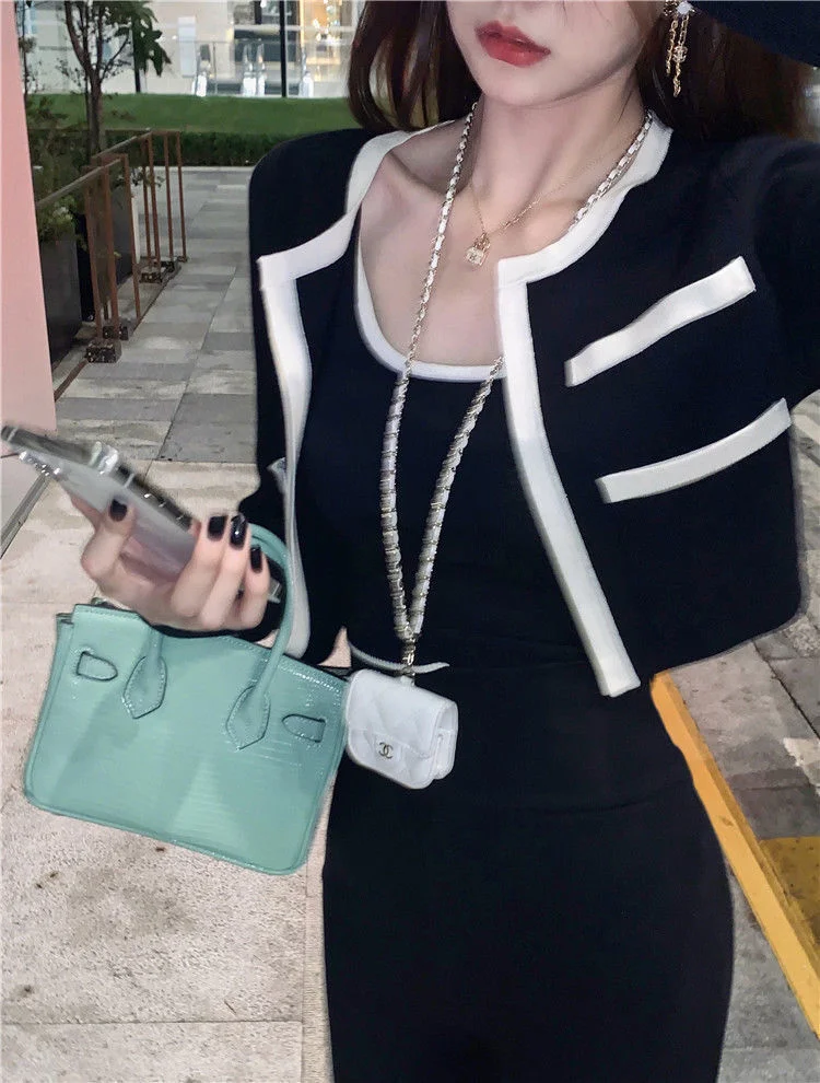 Uveng Uveng Bing Color Knitted Jersey Coat Women's Small Fragrant Summer New Sling Vest Short Top Two Sets