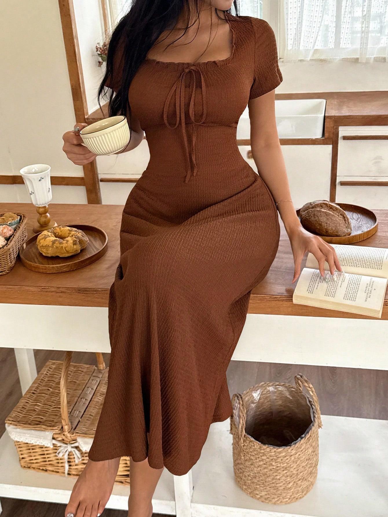 Women's Casual Solid Color Jacquard Gathered Ruffle Trim Square Neck Maxi Loungewear Dress Brown Dress Lounge Dress Summer Dress Tie Front Dress Midi Dress