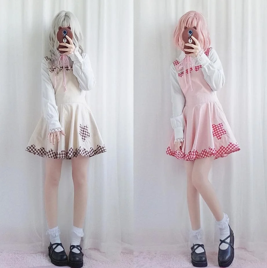 Brown/Pink Plaid Student Strap Lolita Dress S13053