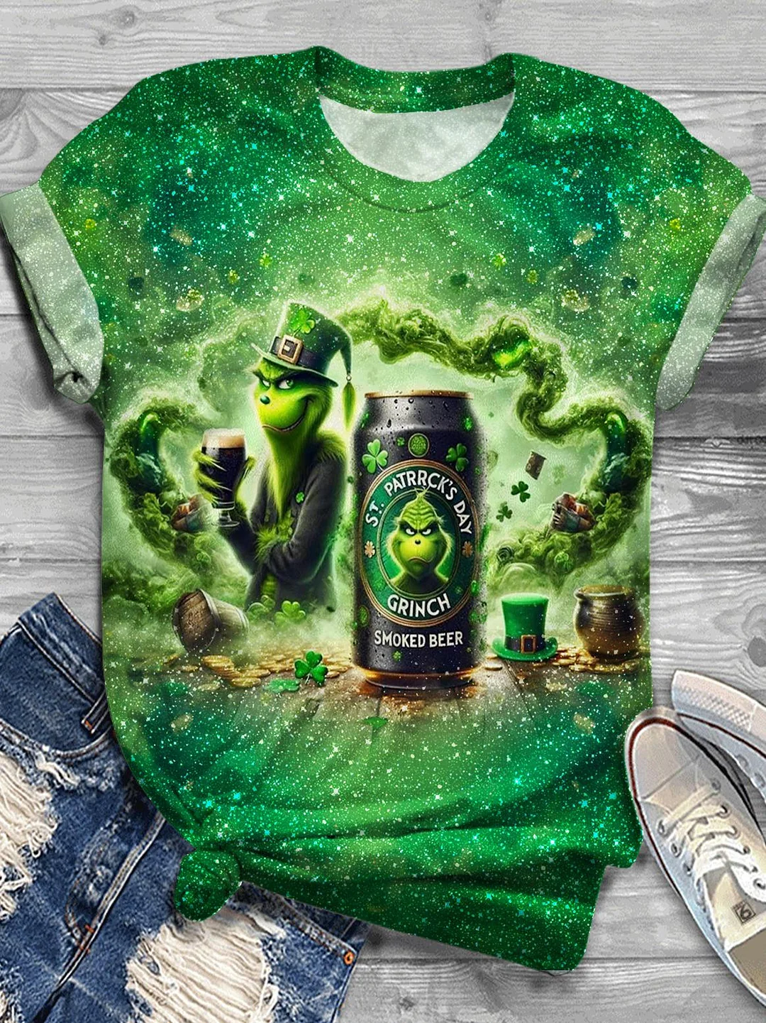 Sequined St. Patrick's Green Print Crew Neck T-shirt