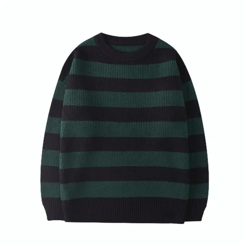 Autumn Green Striped Knitted Sweater Women Winter Pullovers Casual Oversized Sweaters Loose Harajuku Couple Sueter De Mujer