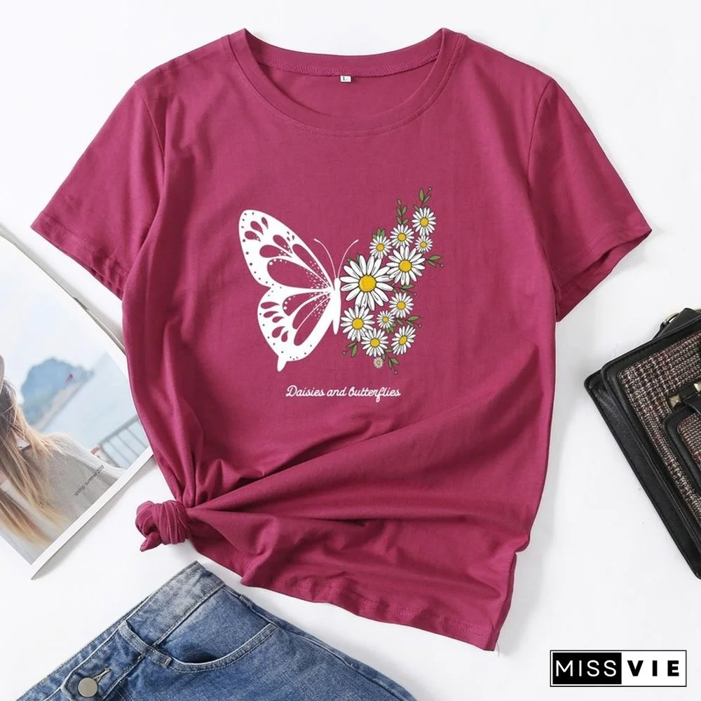Summer Women Casual Short Sleeve T-shirt Butterfly Flower Print Female Fashion Graphic T Shirt Ladies Daily Loose O-Neck Tee Top