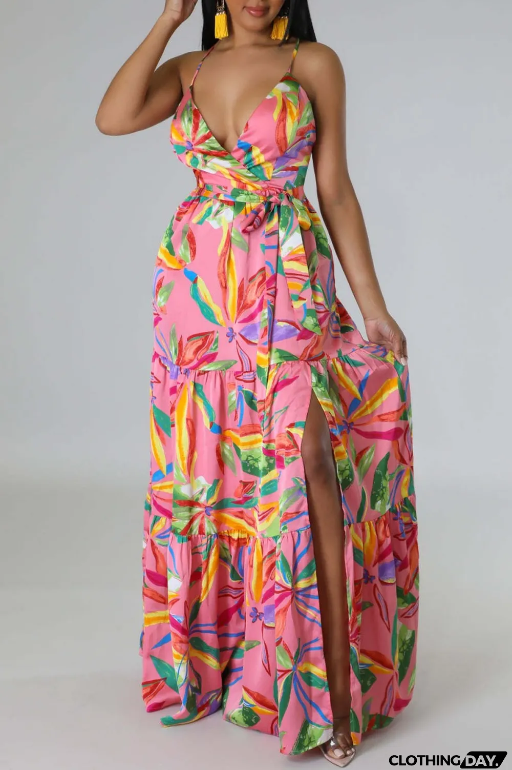 Multi-color Sexy Casual Print Backless Slit Spaghetti Strap Long Dress Dresses