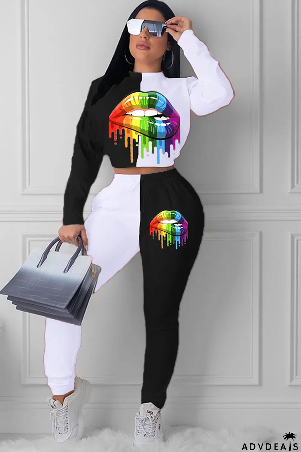 Red Celebrities Two Piece Suits Print Straight Long Sleeve Two-piece Pants Set