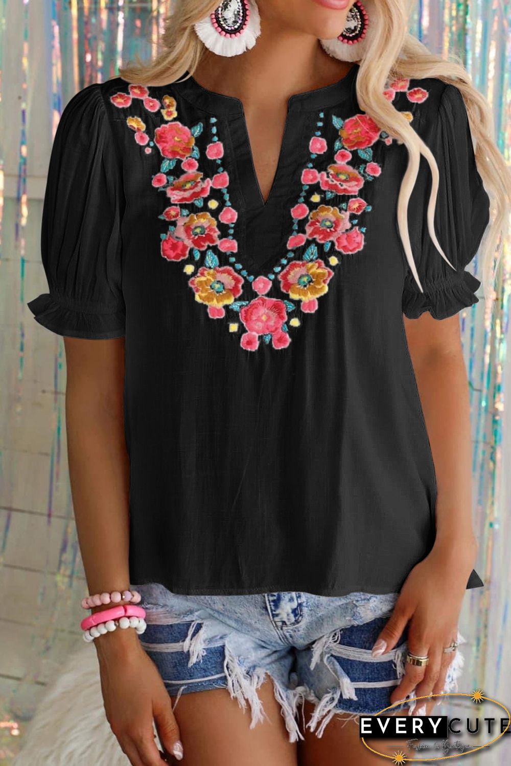 Black Floral Embroidered Ruffled Puff Sleeve Blouse