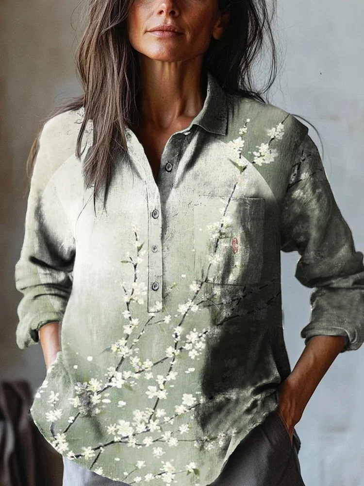 Women's Floral Print Casual Cotton and Linen Shirt