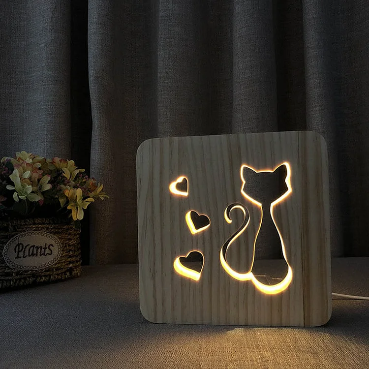 Love Cat Wooden Decorative Light slivor