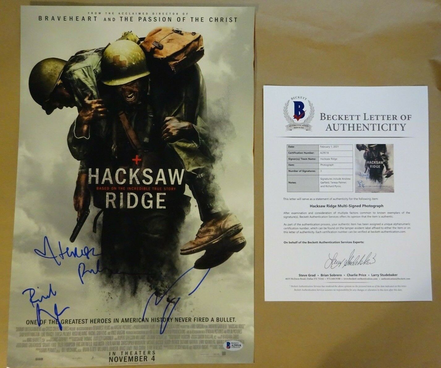 Signed HACKSAW RIDGE Autographed 12x18 Photo Poster painting ANDREW GARFIELD, PYROS BECKETT COA