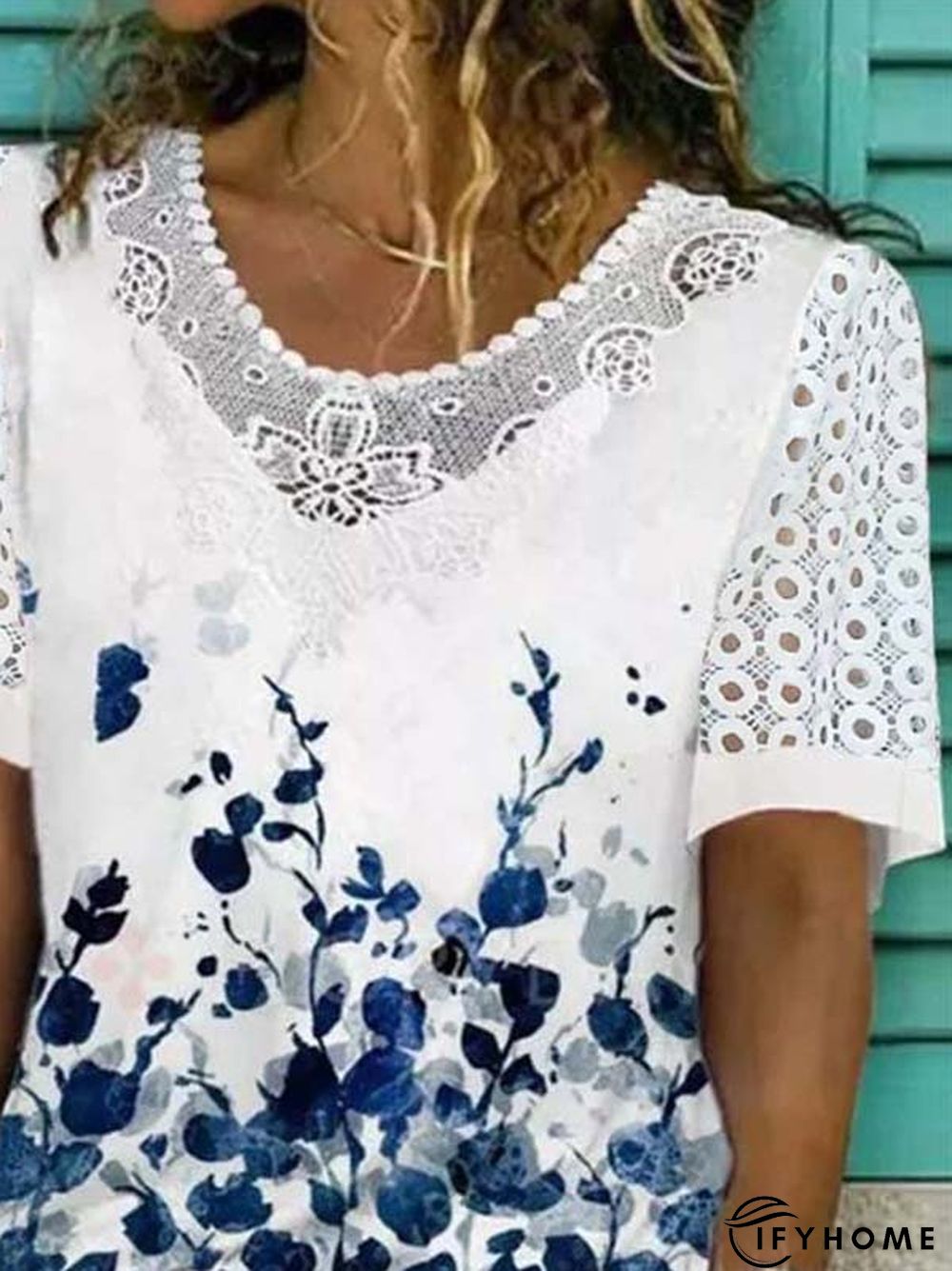 Floral Lace Crew Neck Short Sleeve Casual T-Shirt | IFYHOME
