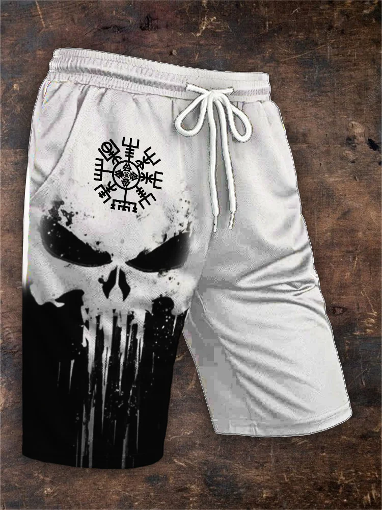 BrosWear Men's Viking Vegvisir Skull Contrast Color Drawstring Shorts