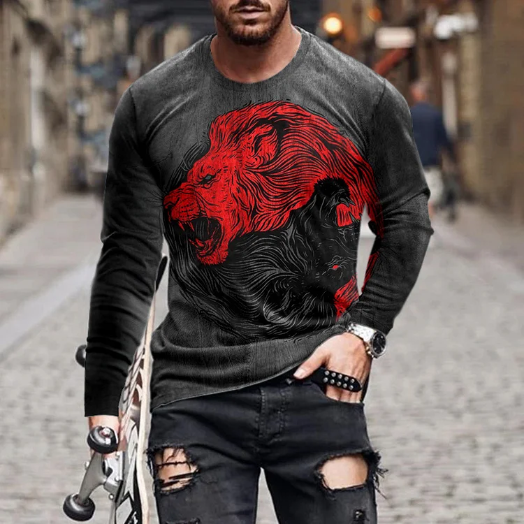 Men's Lion Print Casual Long Sleeve T-Shirt