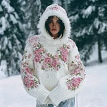 Women's  Bohemian Style Pink Rose Art Warm Hooded Knitted Sweater - Image 2