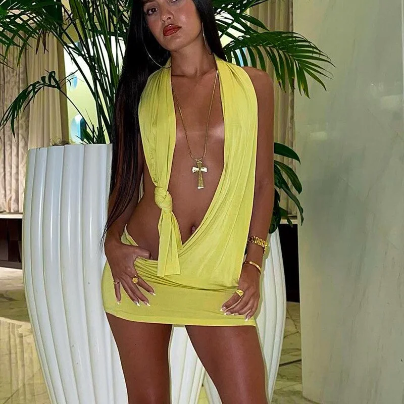 BIIKPIIK Solid Casual Cut Outs Halter Backless Short Dress Women Bandage Knot Sleeveless Beach Holiday Clothing Baggy Sexy Dress