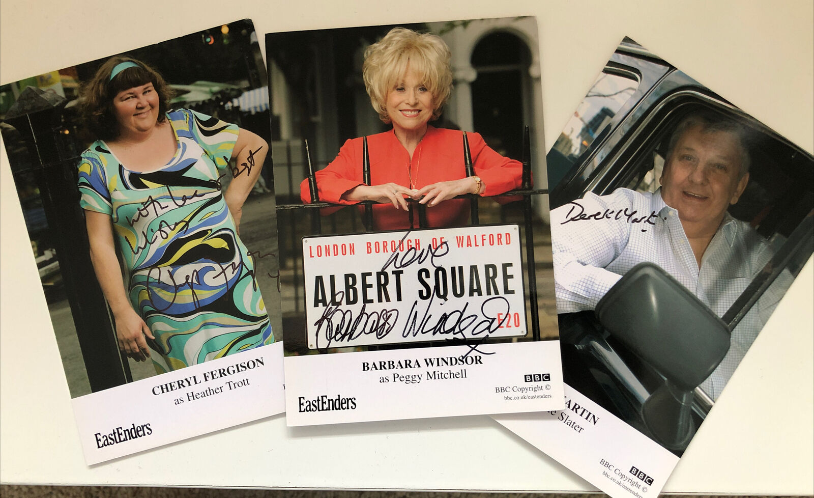 EASTENDERS BARBARA WINDSOR,Derek Martin,Cheryl Ferguson x3 Hand Signed Cards?